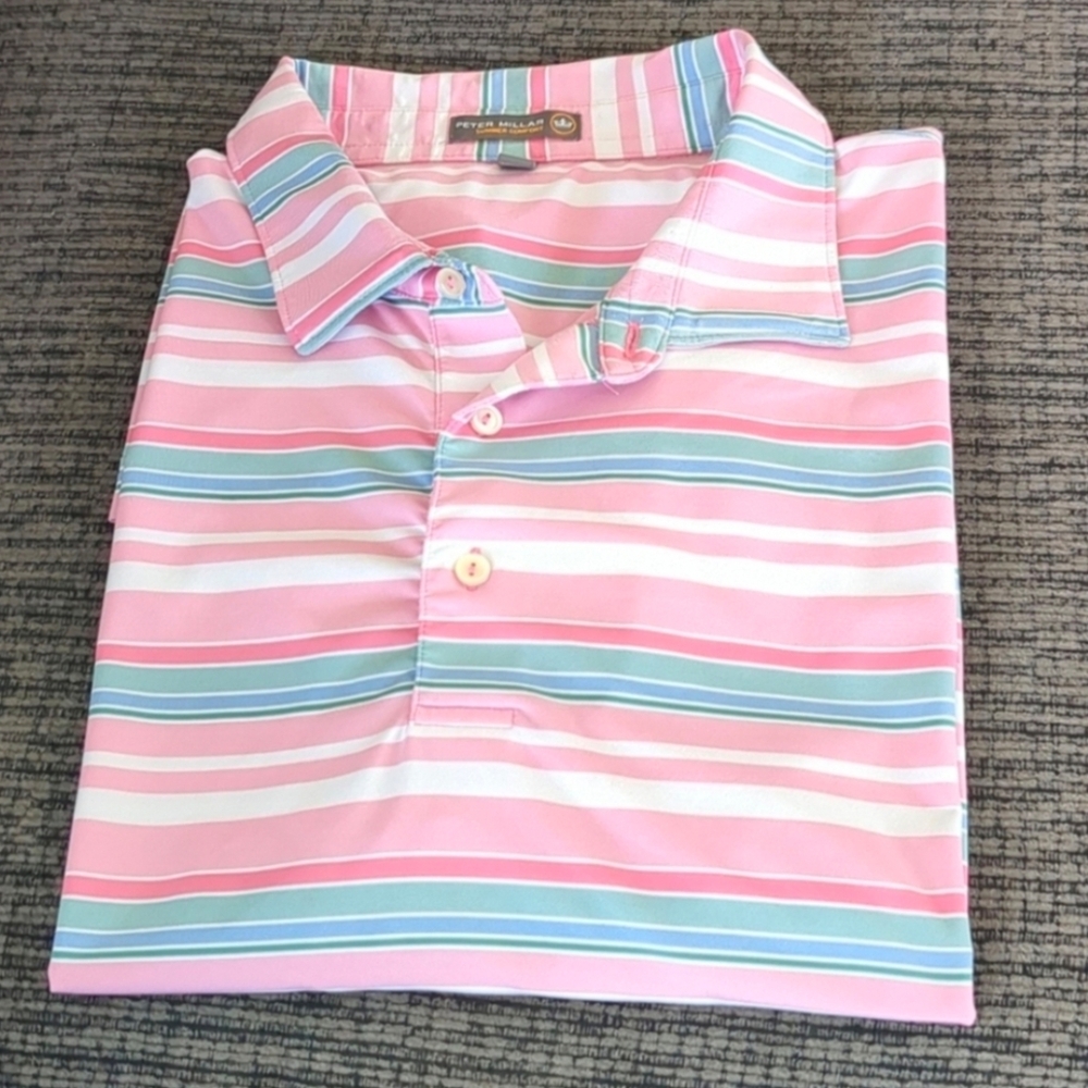 Peter Millar Summer Comfort Polo Shirt XXL Pink Green Stripe Performance Stretch